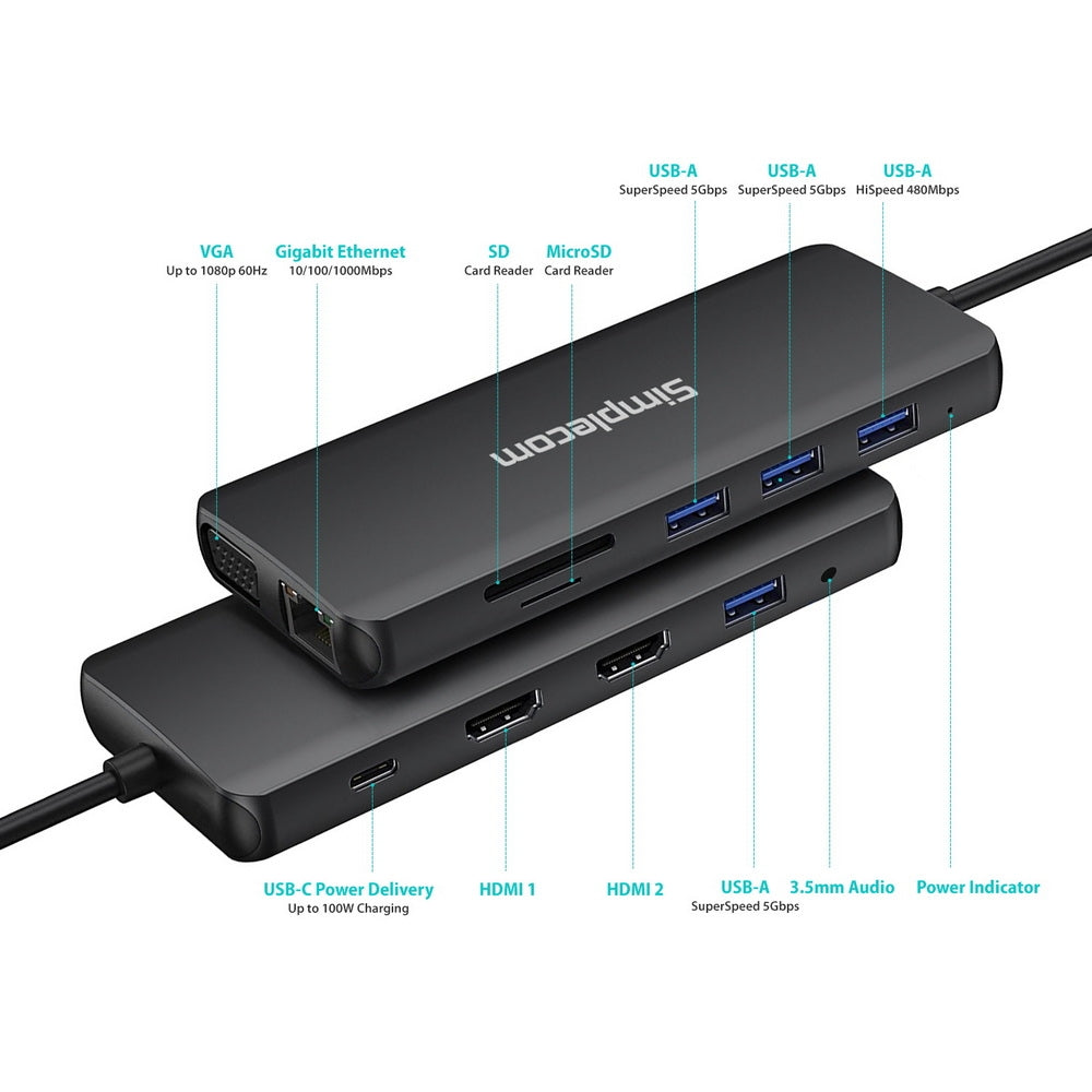 Usb-C 12-In-1 Multiport Docking Station Dual Hdmi + Vga Triple Display