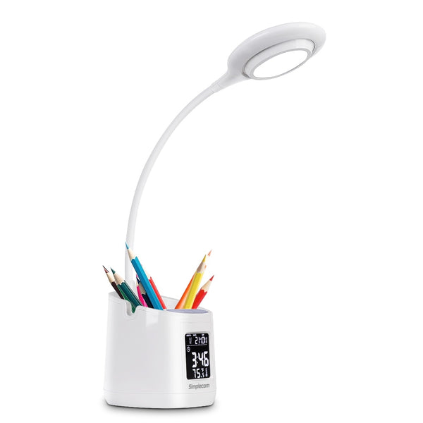  Led Desk Lamp With Pen Holder And Digital Clock Rechargeable