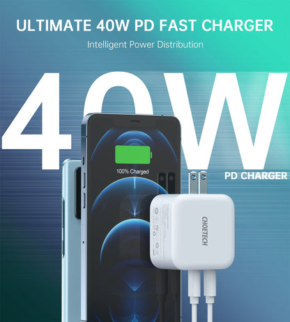 Pd6009 40W Dual Fast Usb C Charger 2-Port 20W Pd 3.0 With Foldable Plug