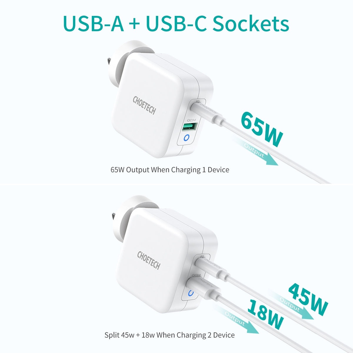 65W 2-Port Pd Gan Tech Usb-C Foldable Fast Charging Adapter