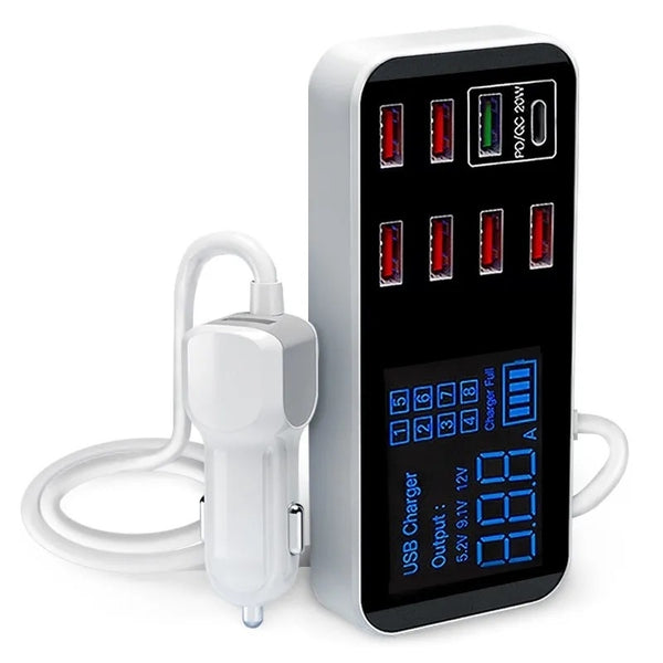  8-Port PD+QC3.0 Car Charger with LED Display