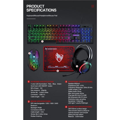 4-Pcs Rainbow Keyboard/Mouse/Headphone/Mouse Pad Kit Set