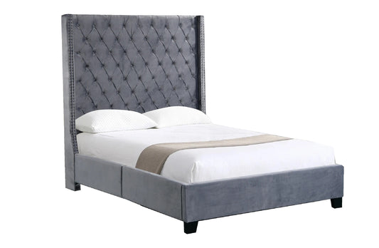 Ella Grey Velvet Winged Bed 180Cm - Queen King Size Queen Size