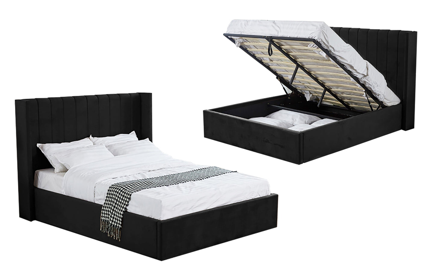 Hilton Black Velvet Gas Lift Bed - Queen Gas Lift Storage Velvet