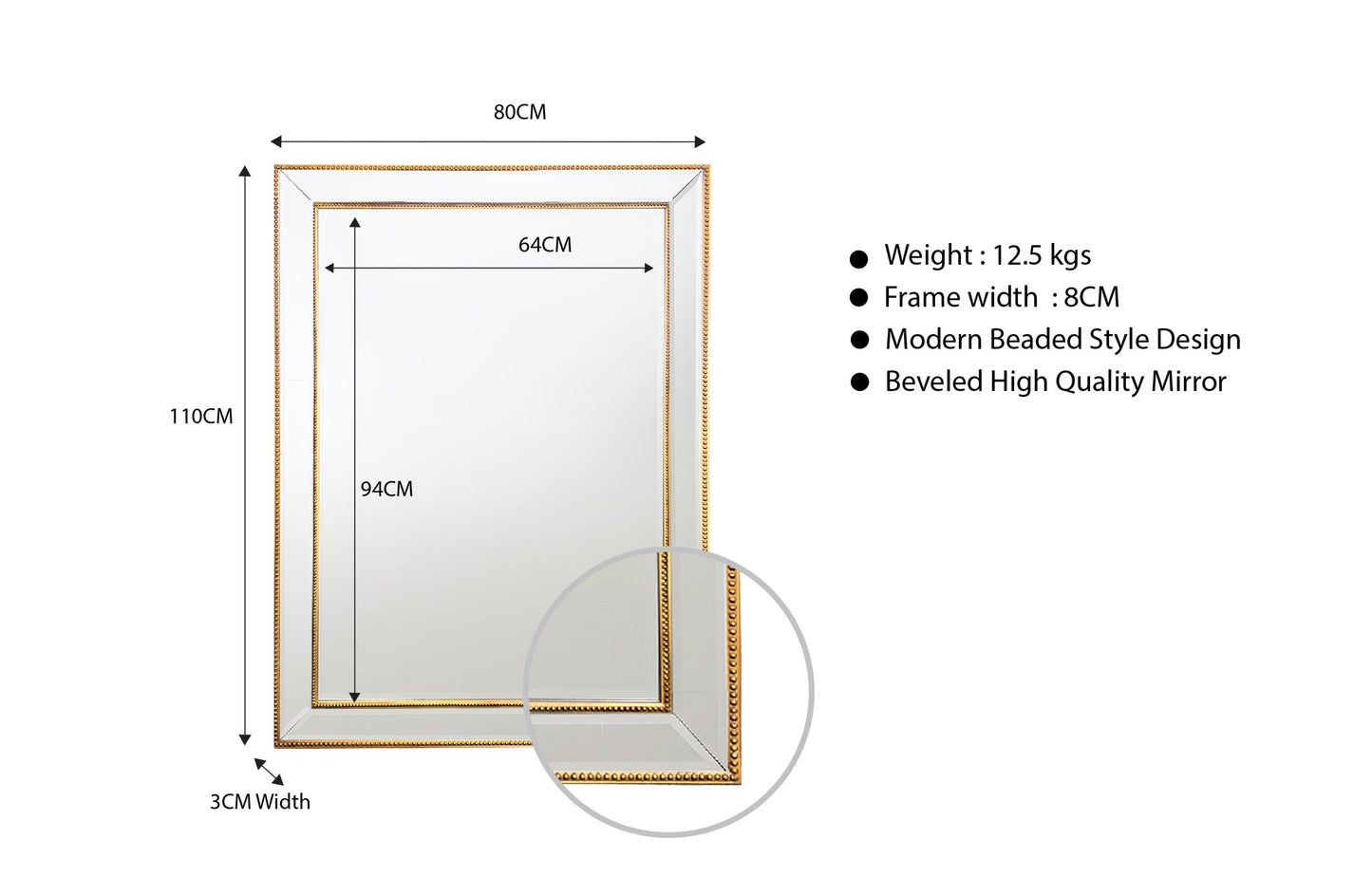 Gold Beaded Framed Mirror - Rectangle 80Cm X 110Cm