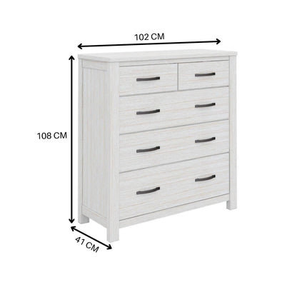 Tallboy 5 Chest Of Drawers Solid Ash Wood Bed Storage Cabinet - White