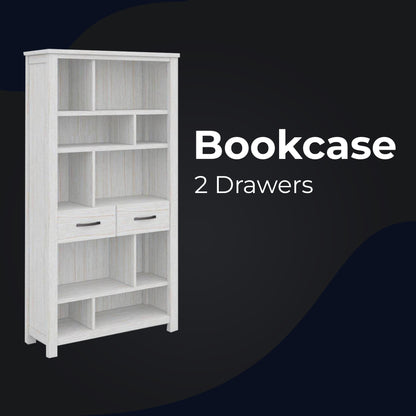 Bookshelf Bookcase 5 Tier 2 Drawers Solid Mt Ash Timber Wood - White