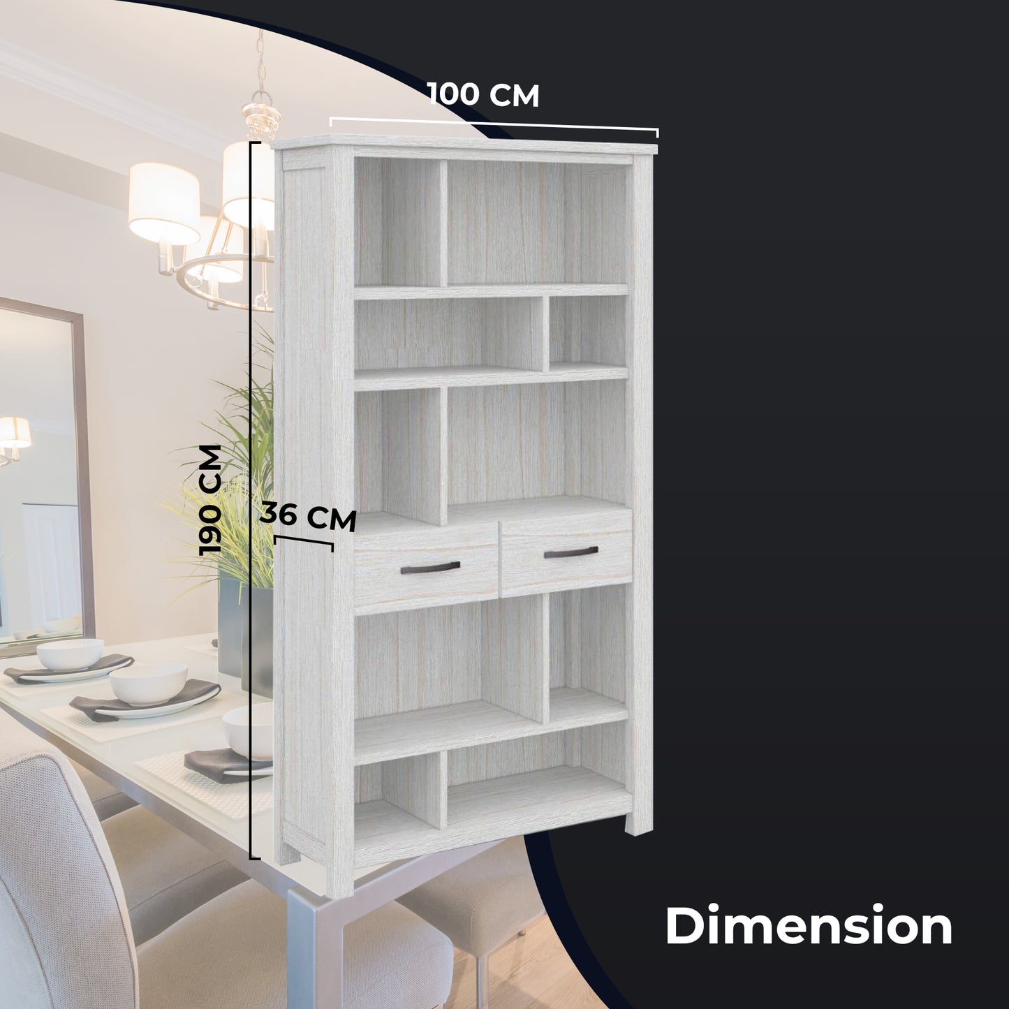 Bookshelf Bookcase 5 Tier 2 Drawers Solid Mt Ash Timber Wood - White
