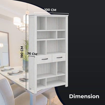Bookshelf Bookcase 5 Tier 2 Drawers Solid Mt Ash Timber Wood - White
