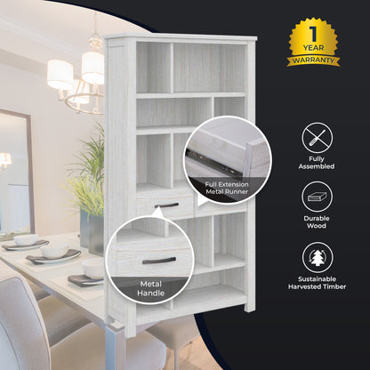 Bookshelf Bookcase 5 Tier 2 Drawers Solid Mt Ash Timber Wood - White
