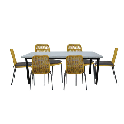 7Pc Set 180Cm Outdoor Dining Table 6 Chair Glass Concrete Top