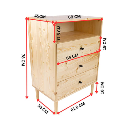 Tallboy 3 Chest Of Drawers Solid Pine Wood Bed Storage Cabinet