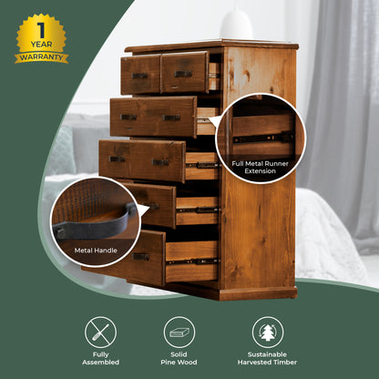 Tallboy 6 Chest Of Drawers Solid Pine Wood Storage Cabinet - Dark Brown