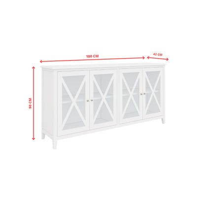 Buffet Table 180Cm 4 Glass Door Solid Acacia Wood Hampton Furniture -White