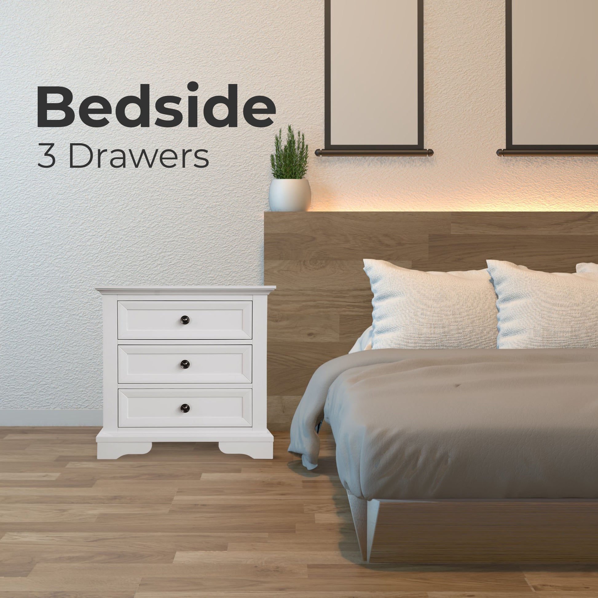 Bedside Table Set Of 2Pcs - 3 Drawers Storage Cabinet Nightstand - White