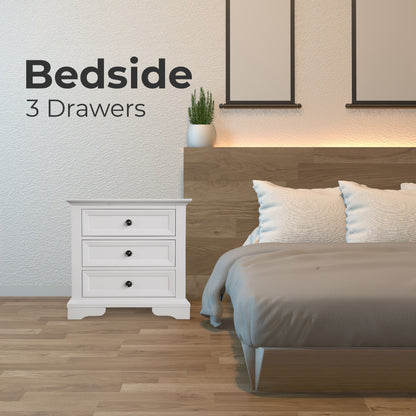 Bedside Table Set Of 2Pcs - 3 Drawers Storage Cabinet Nightstand - White