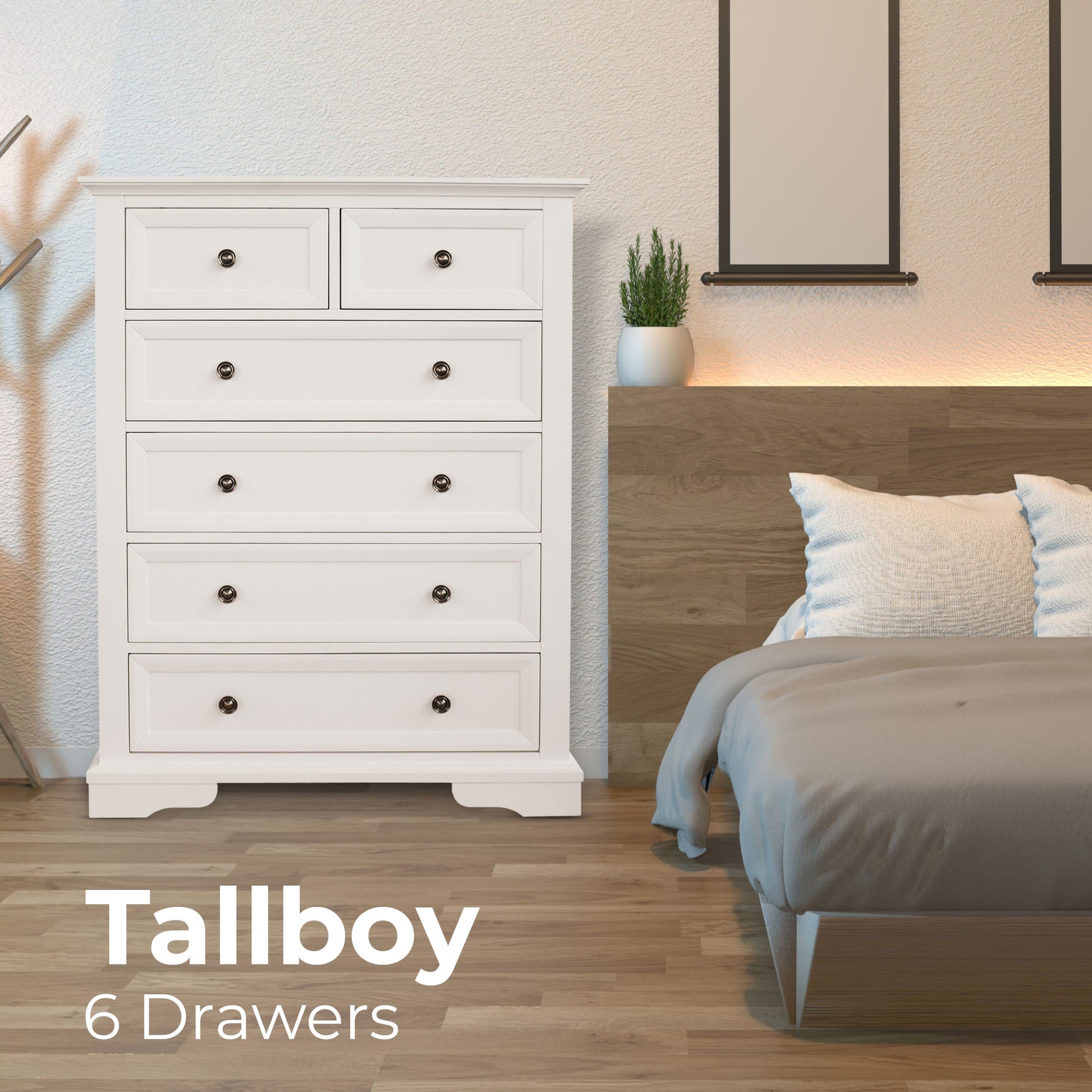Tallboy 6 Chest Of Drawers Solid Acacia Wood Bed Storage Cabinet - White