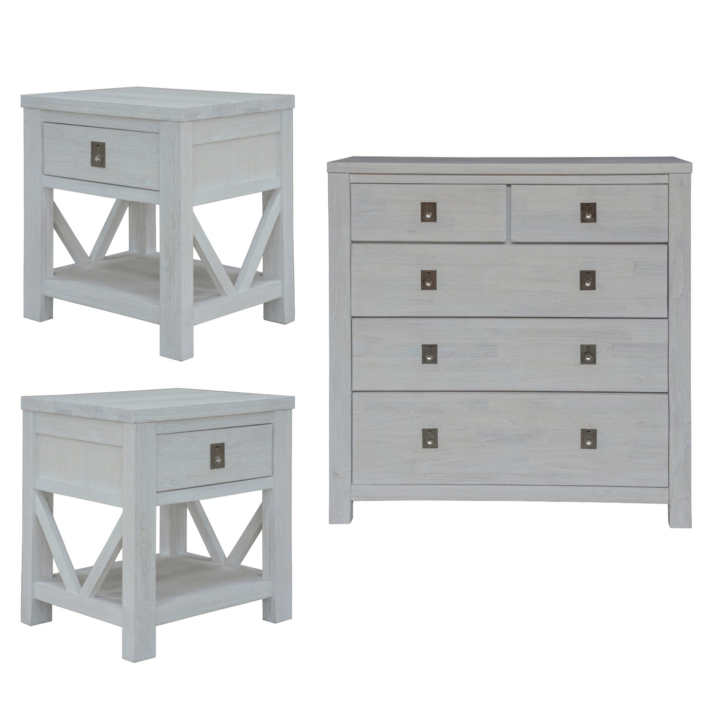 3Pc Set 2 Bedside Tallboy Storage Cabinet Side End Table White Wash
