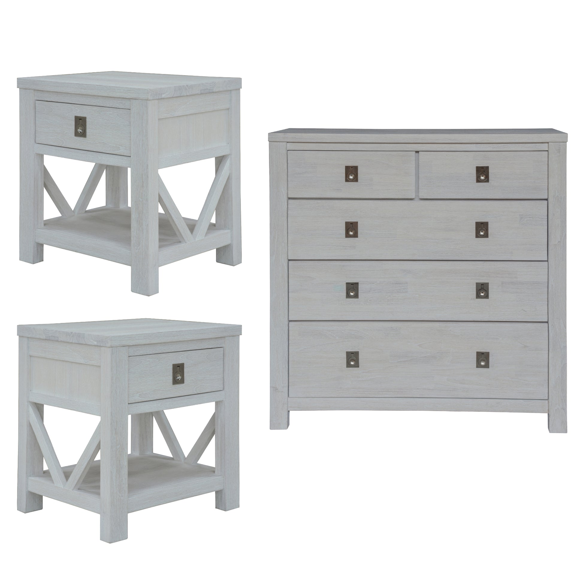 3Pc Set 2 Bedside Tallboy Storage Cabinet Side End Table White Wash