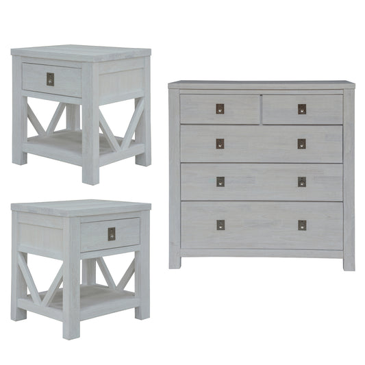 3Pc Set 2 Bedside Tallboy Storage Cabinet Side End Table White Wash