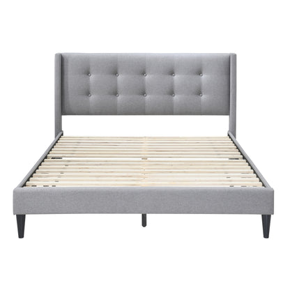 Queen Bed Tufted Button Headboard Fabric Upholstered - Light Grey