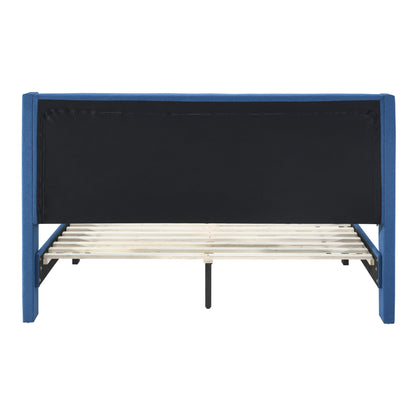 Queen Bed Winged Headboard Fabric Upholstered - Blue