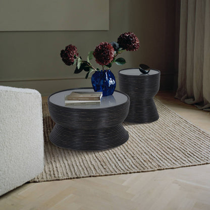 Rattan Round Coffee Table 80Cm With Glass Top - Distressed Black