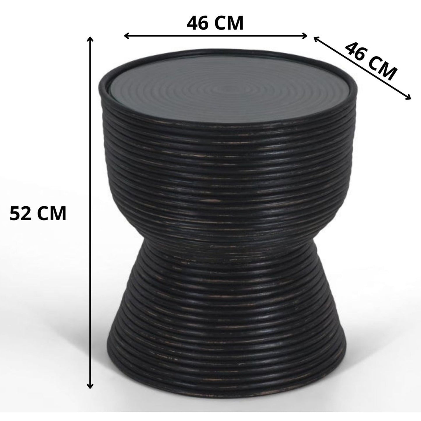 Rattan Round Side Sofa End Table 46Cm With Glass Top - Distressed Black