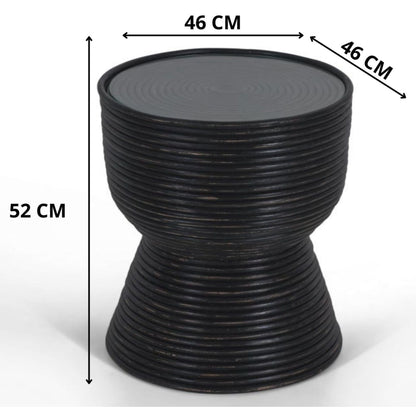 Rattan Round Side Sofa End Table 46Cm With Glass Top - Distressed Black
