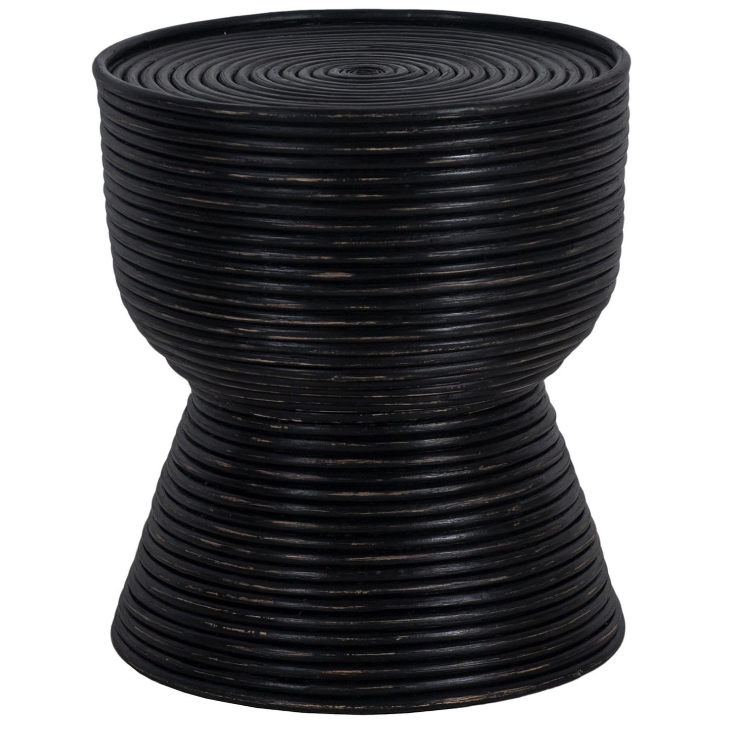 Rattan Round Side Sofa End Table 46Cm With Glass Top - Distressed Black