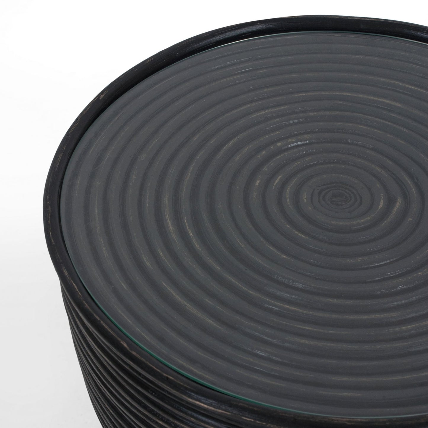 Rattan Round Side Sofa End Table 46Cm With Glass Top - Distressed Black