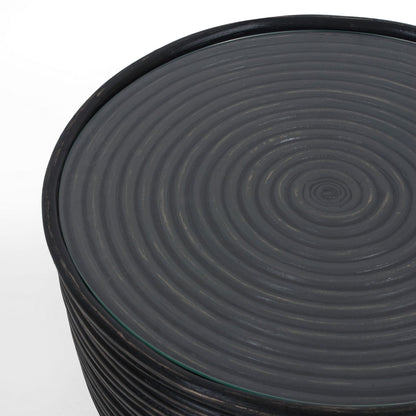 Rattan Round Side Sofa End Table 46Cm With Glass Top - Distressed Black