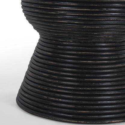 Rattan Round Side Sofa End Table 46Cm With Glass Top - Distressed Black