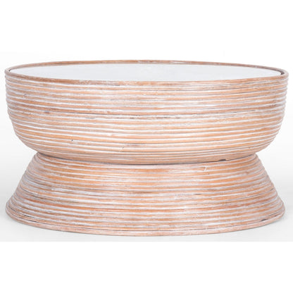Rattan Round Coffee Table 80Cm With Glass Top - Whitewash