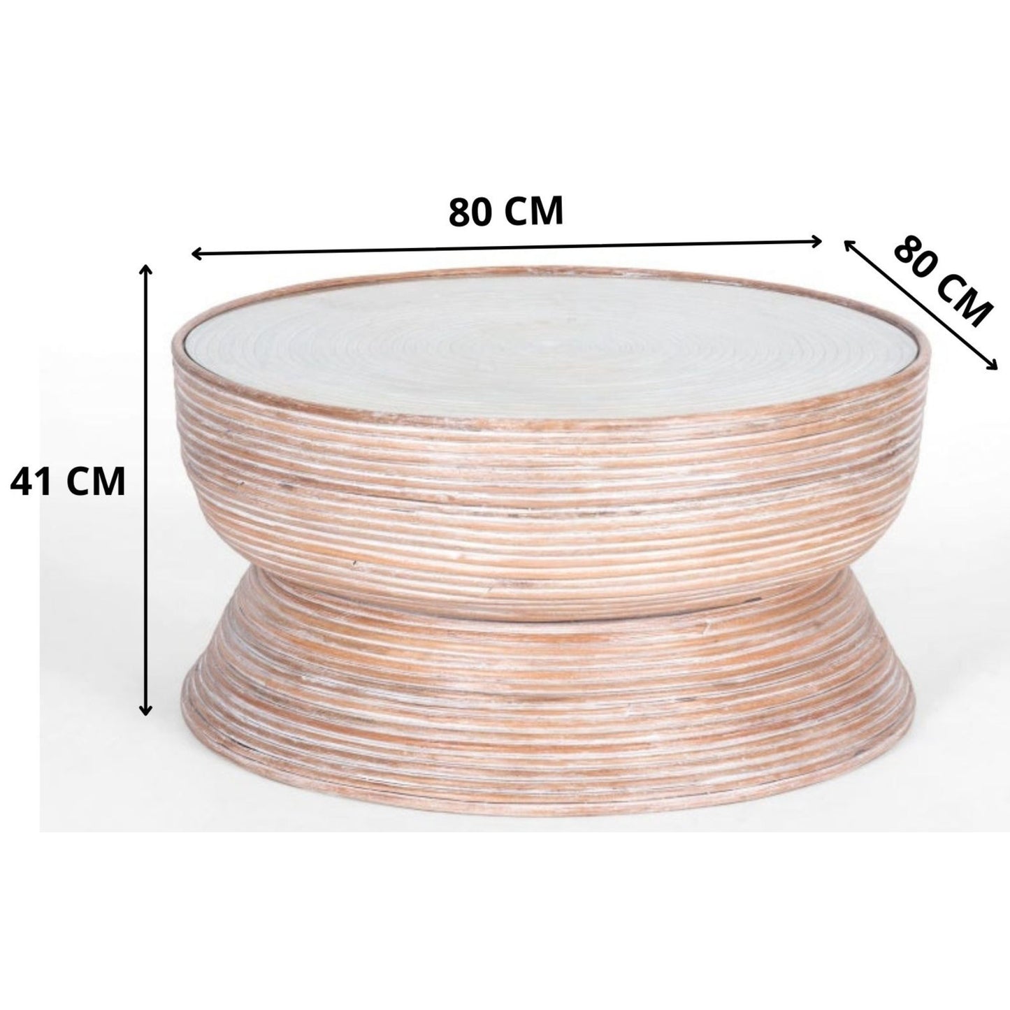 Rattan Round Coffee Table 80Cm With Glass Top - Whitewash