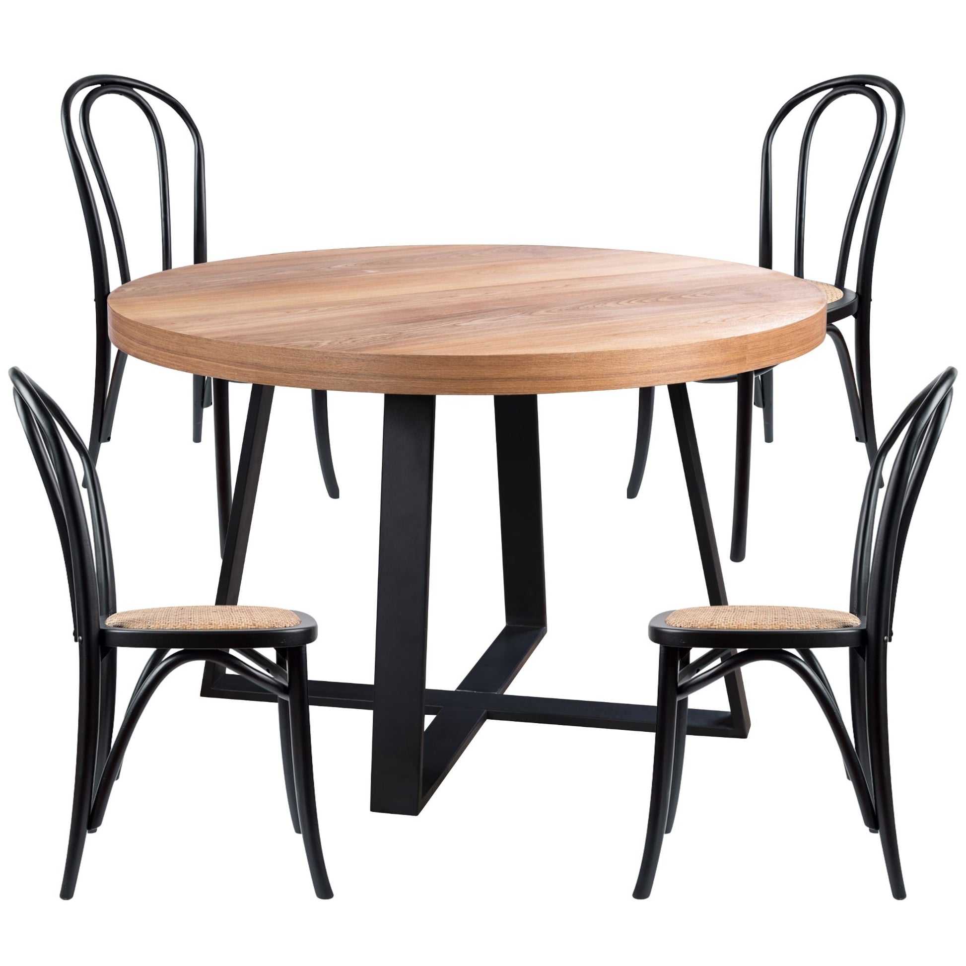 5Pc 120Cm Round Dining Table Set 4 Arched Back Chair Elm Timber Wood