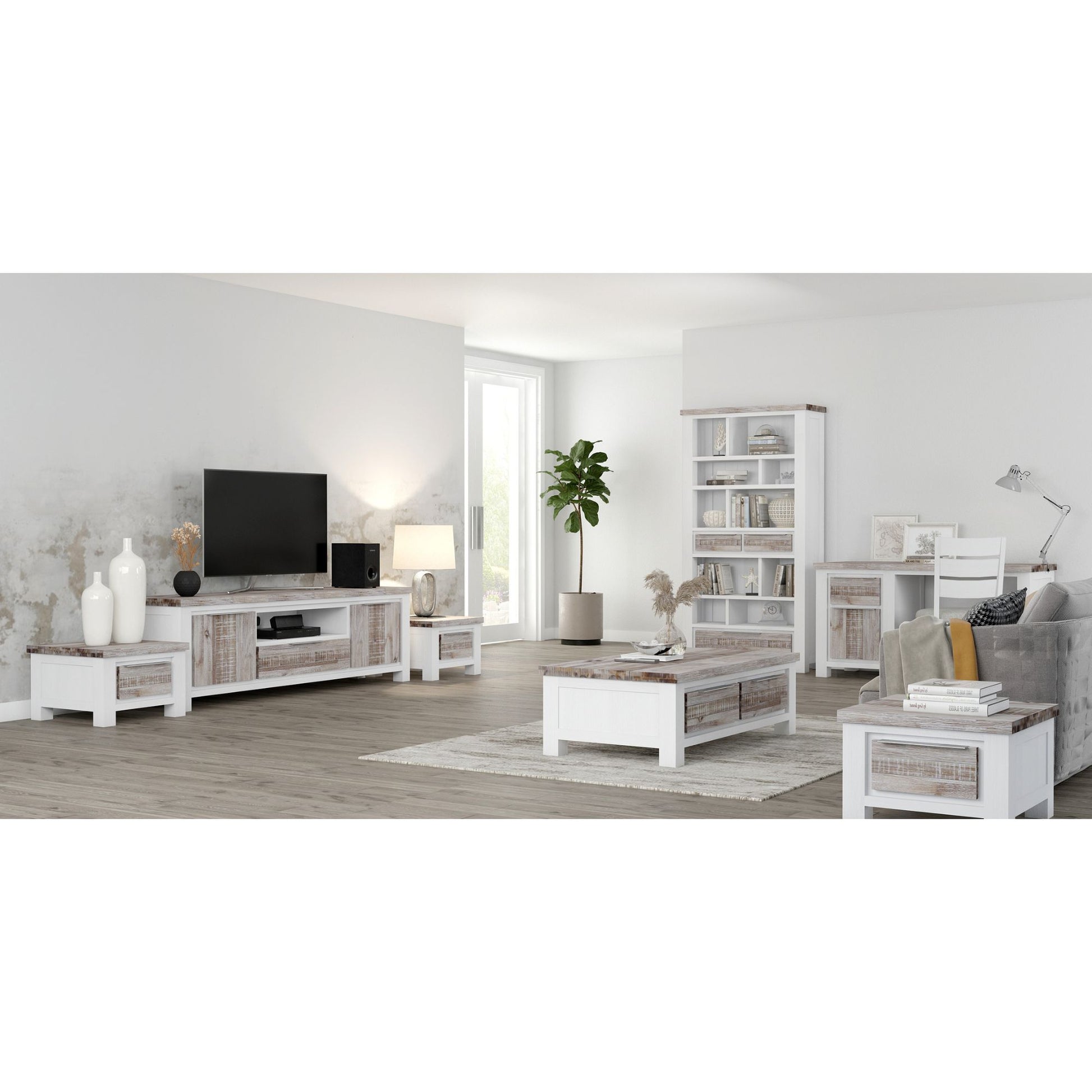 Entertainment Tv Unit 176Cm 2 Door Solid Acacia Timber -White Brush