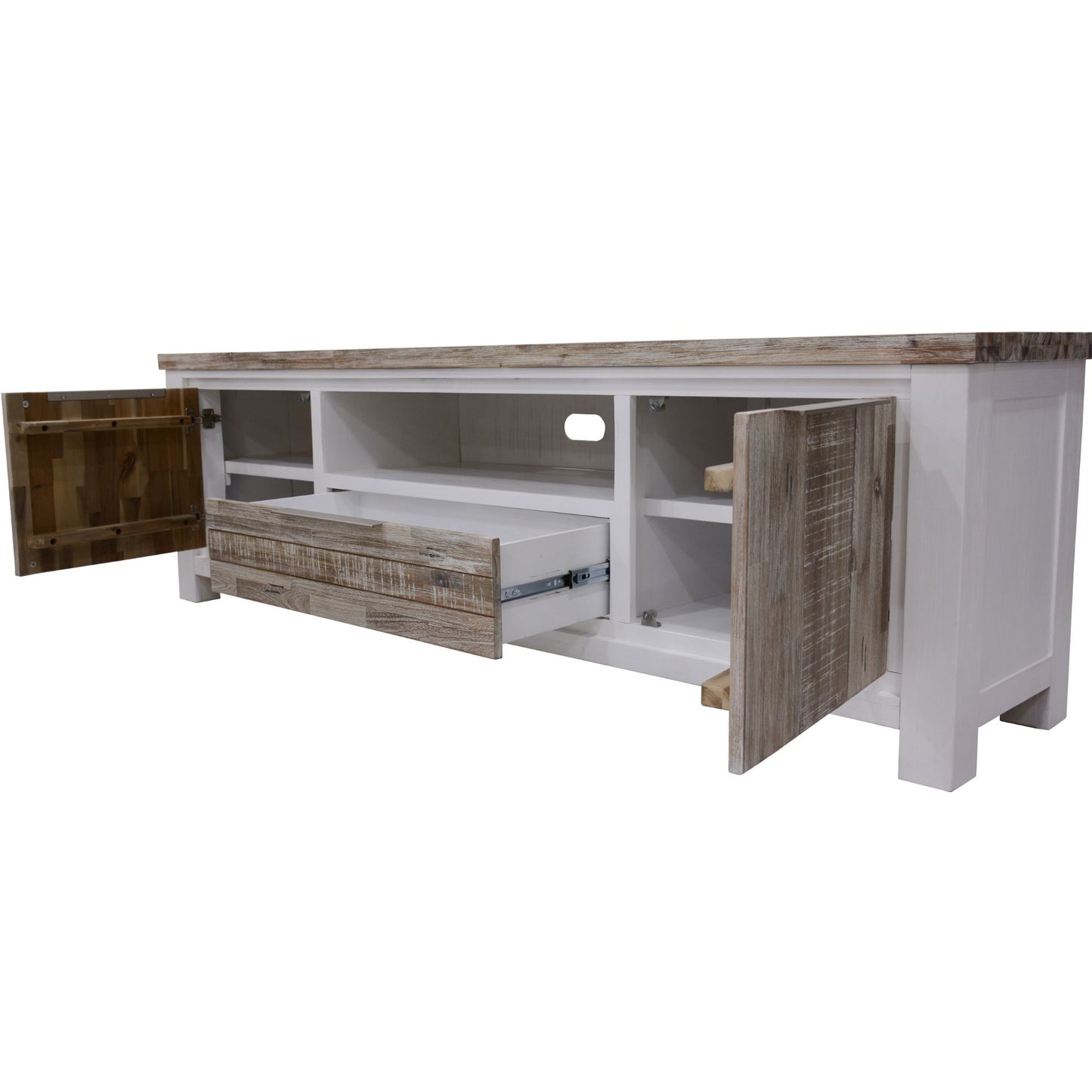 Entertainment Tv Unit 210Cm 2 Door Solid Acacia Timber -White Brush