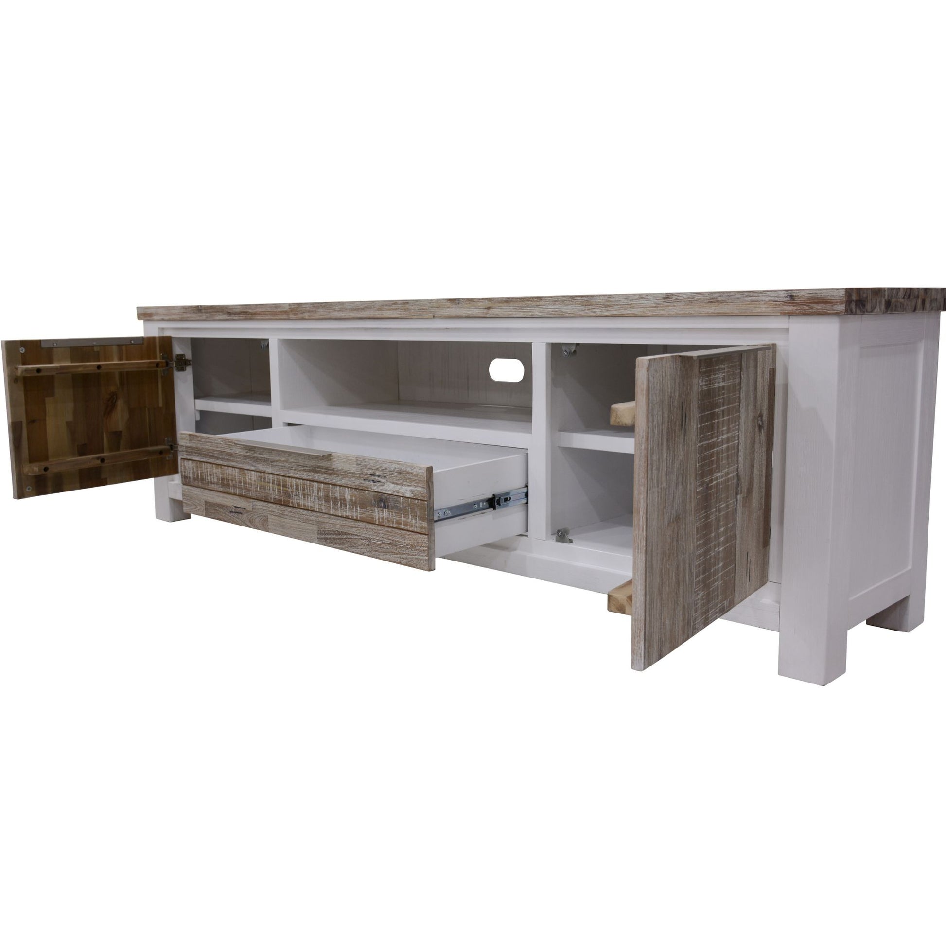 Entertainment Tv Unit 210Cm 2 Door Solid Acacia Timber -White Brush