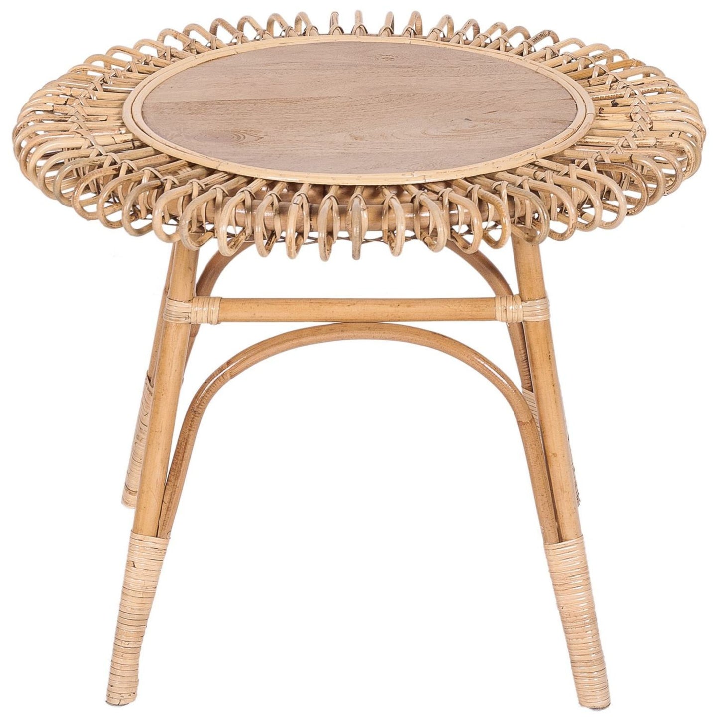 65Cm Round Side Table Mango Wood Top Rattan Frame - Natural