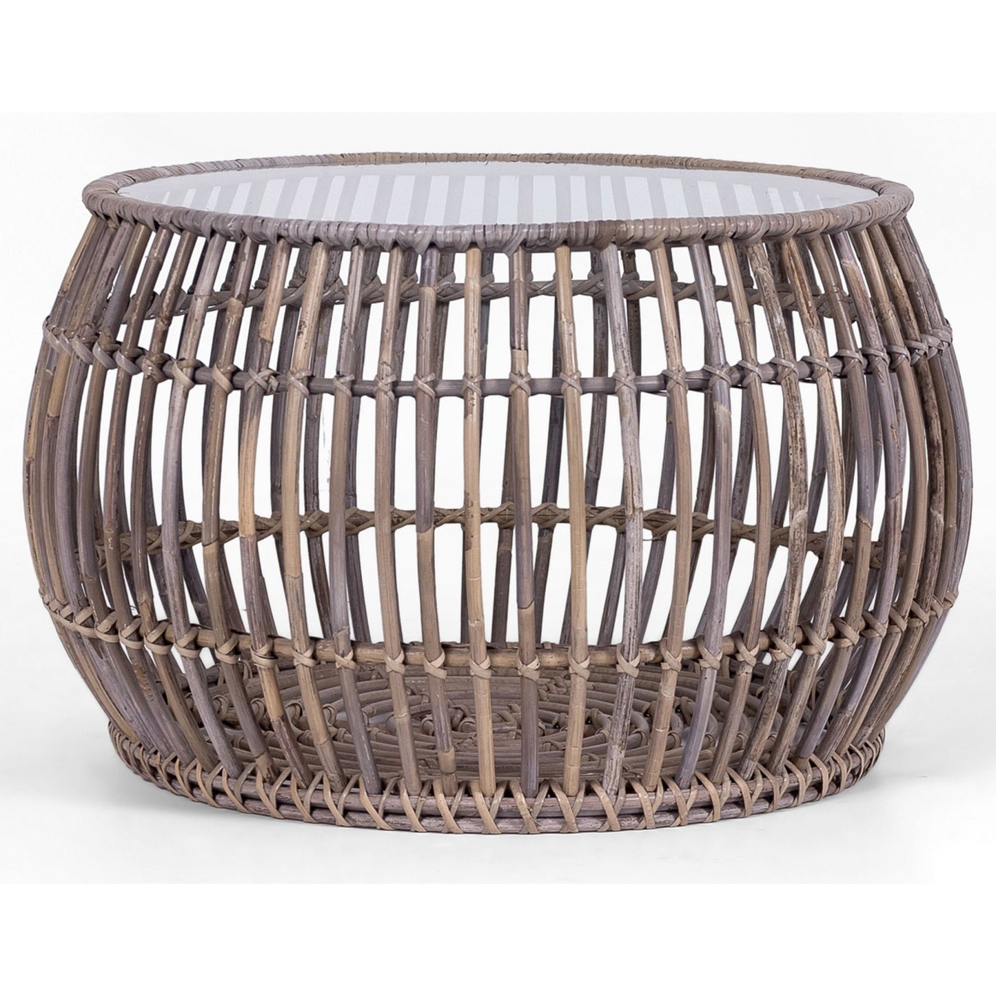 70Cm Glass Topped Rattan Round Coffee Table - Natural