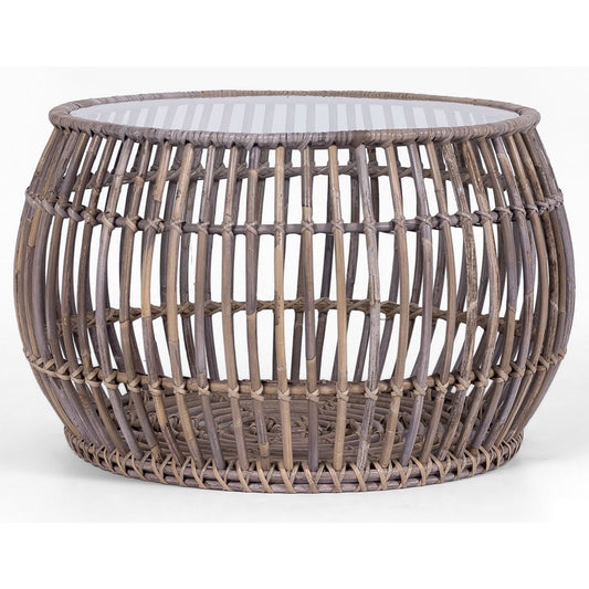 70Cm Glass Topped Rattan Round Coffee Table - Natural