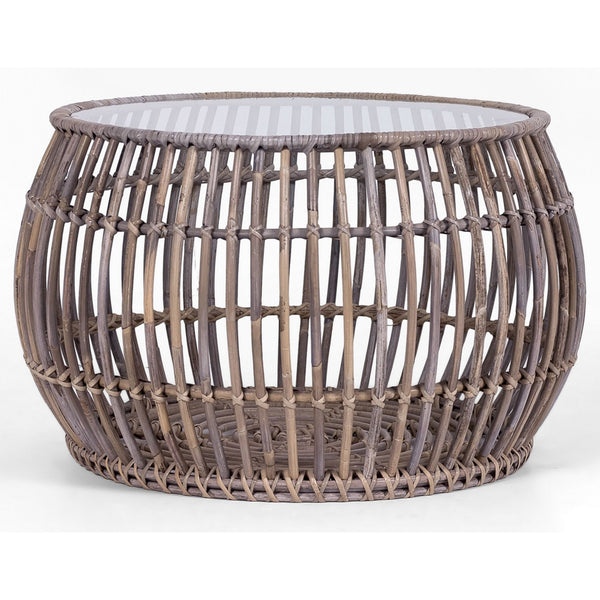  70Cm Glass Topped Rattan Round Coffee Table - Natural