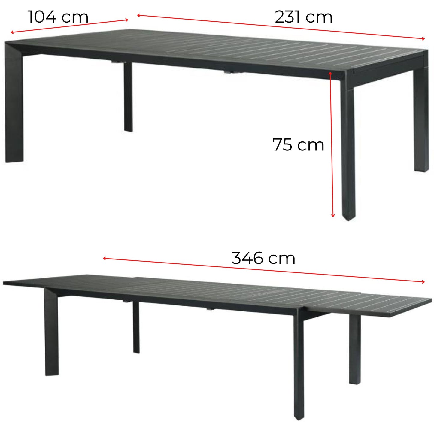 230-345Cm Aluminium Outdoor Extensible Dining Table Charcoal
