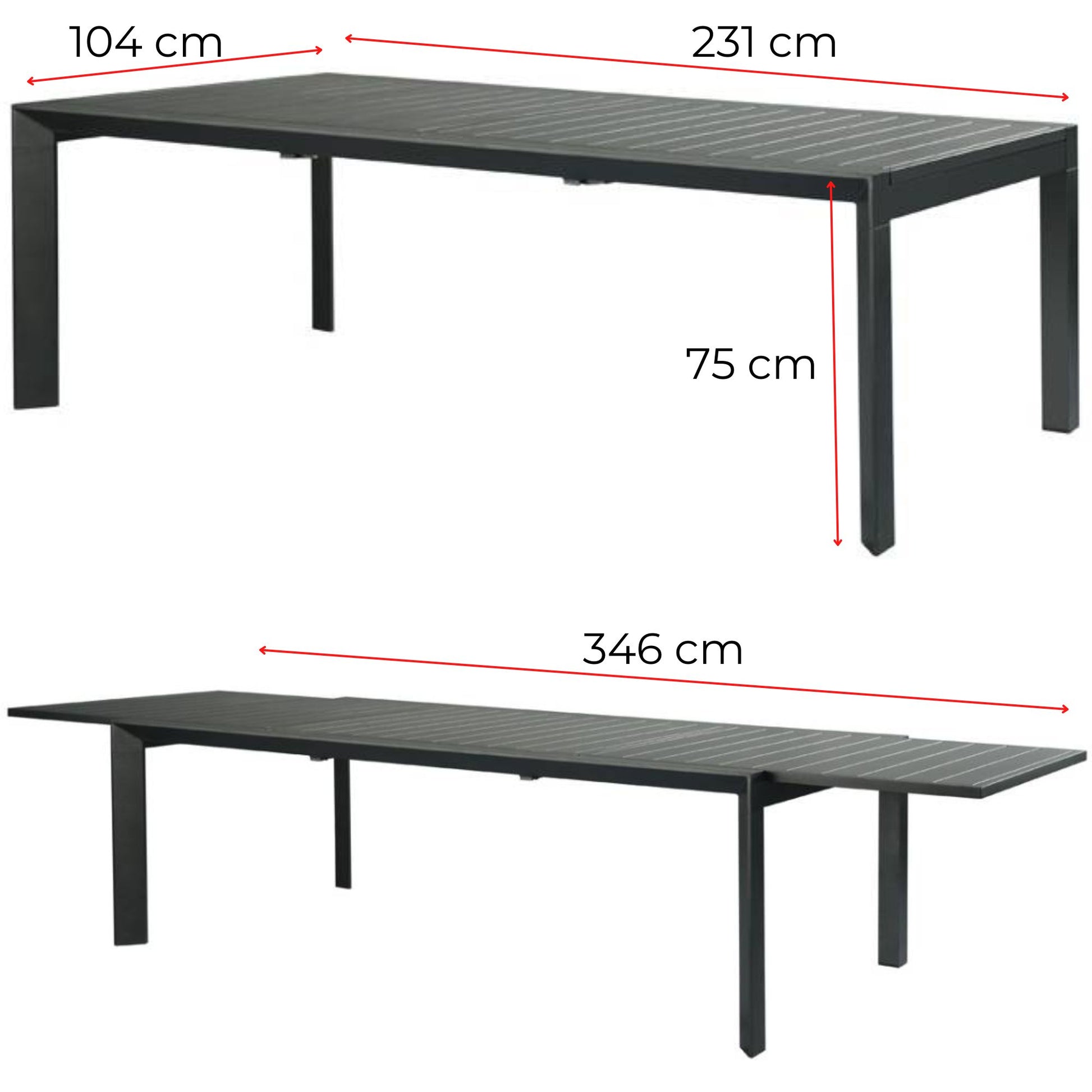 230-345Cm Aluminium Outdoor Extensible Dining Table Charcoal