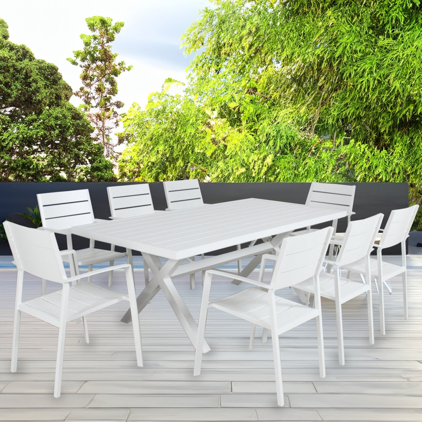 9Pc 200Cm Outdoor Trestle Dining Table Chair Set Grey/White - Gunmetal