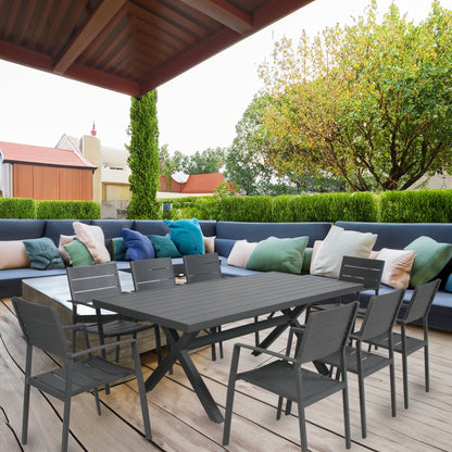 9Pc 200Cm Outdoor Trestle Dining Table Chair Set Grey/White - 8-seater