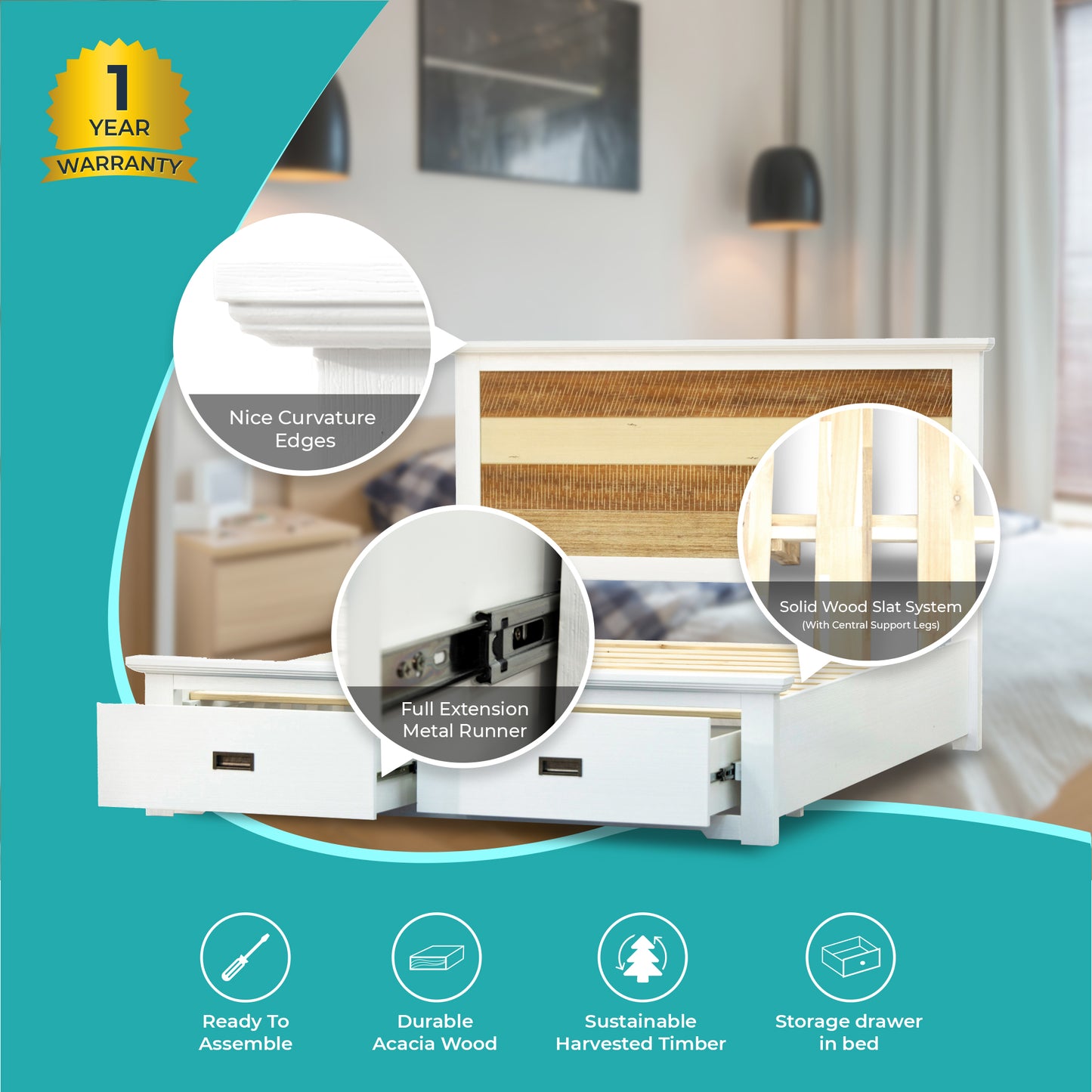 Bed Frame Queen Size Mattress Base With Storage Drawers - Multi Color