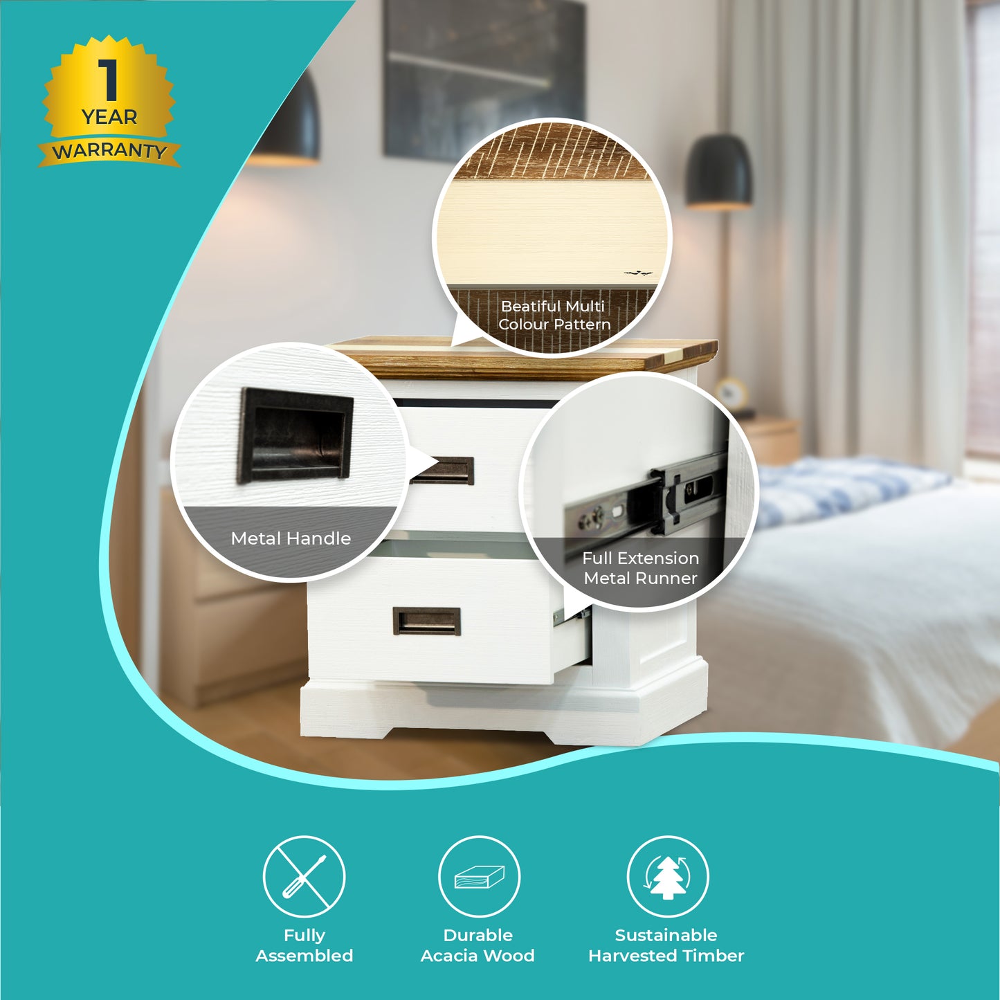 Bedside Tables Drawers Storage Cabinet Shelf Side End Table - Multicolor