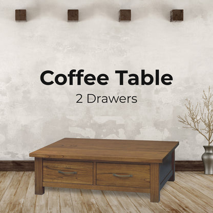 Coffee Table 120Cm 2 Drawer Solid Mt Ash Timber Wood - Brown